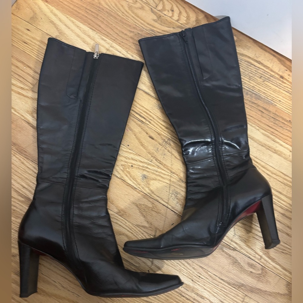 Nine West Black Square-Toe Knee-High leather Boots size 9 EUC
